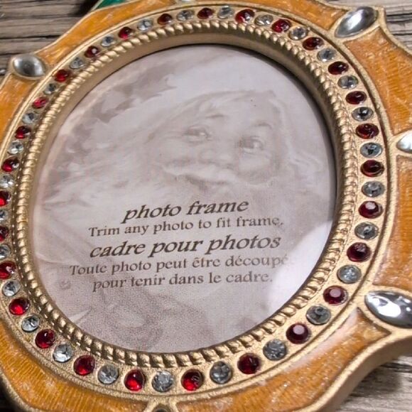 Gold & Red Enamel Metal Rhinestone Christmas Poinsettia Ornament Picture Frame - Picture 4 of 7